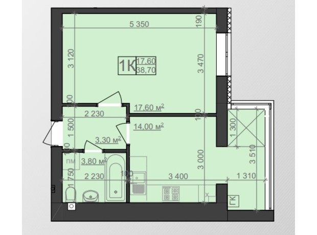 ЖК Зоря: планування 1-кімнатної квартири 38.3 м²