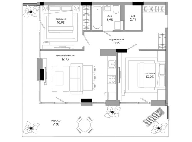 ЖК Park Lake City Aqua: планування 2-кімнатної квартири 69.83 м²