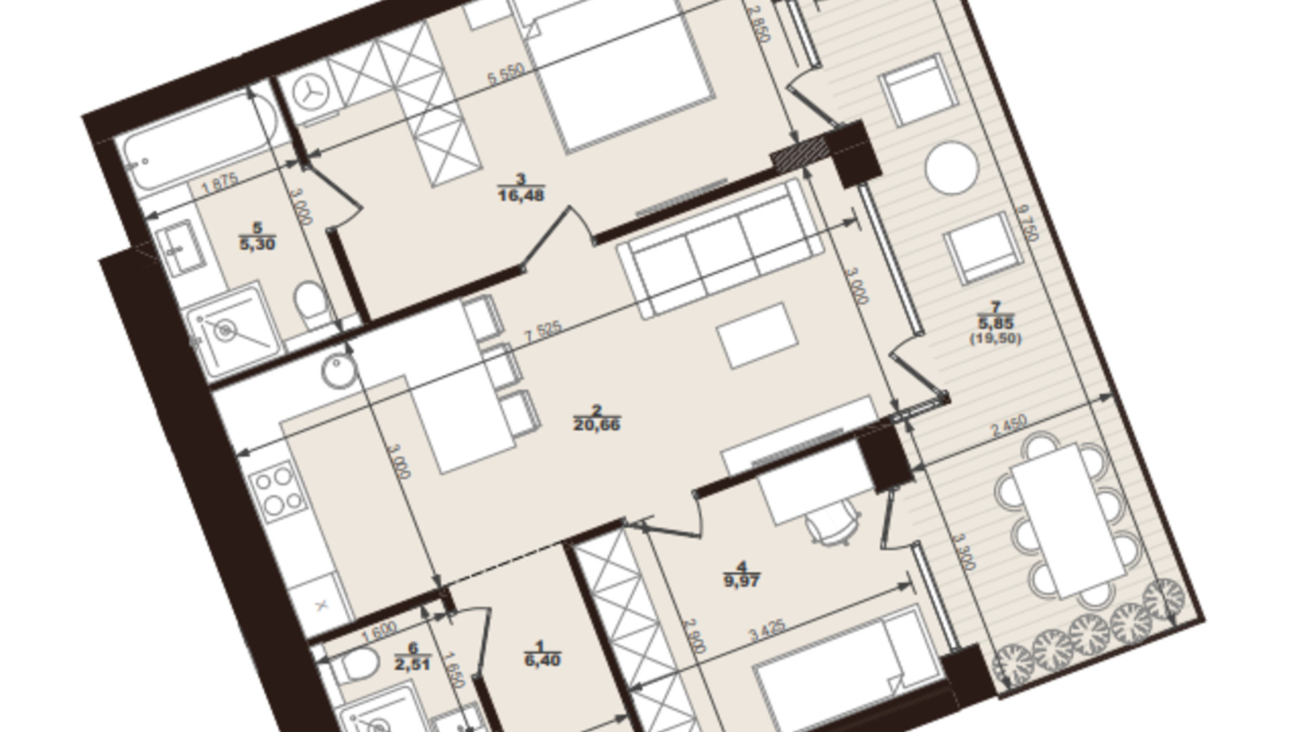 Планировка 2-комнатной квартиры в ЖК Marvel Hill 67.17 м², фото 562692