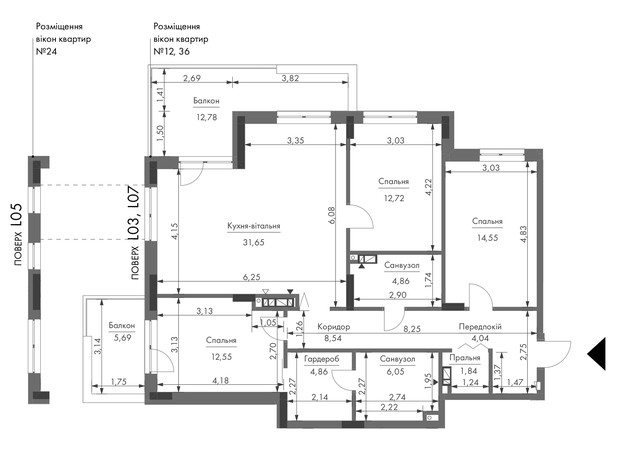 ЖК Gravity Park: планировка 3-комнатной квартиры 107.21 м²