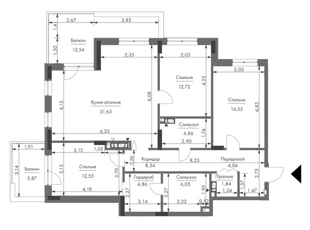 ЖК Gravity Park: планировка 3-комнатной квартиры 107.16 м²