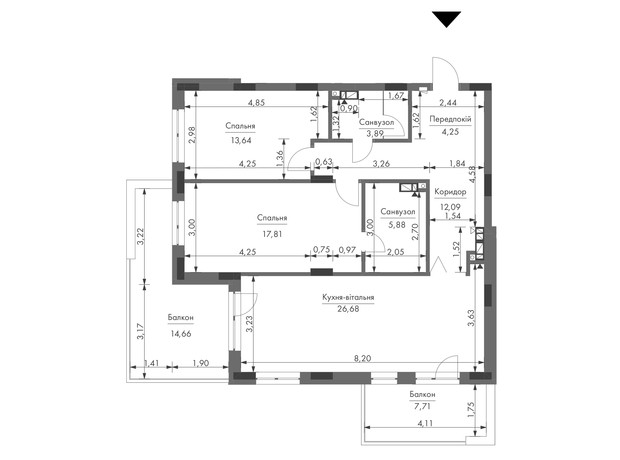 ЖК Gravity Park: планировка 2-комнатной квартиры 90.95 м²
