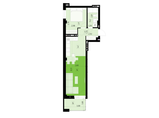 ЖК 111 Zelena: планировка 1-комнатной квартиры 43.9 м²