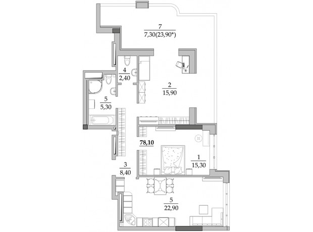 ЖК Таїровські сади: планування 2-кімнатної квартири 78.1 м²