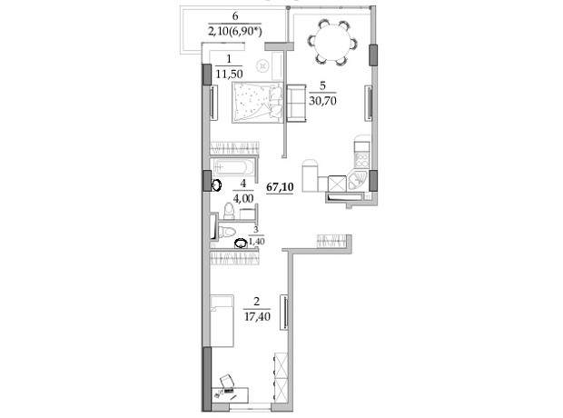 ЖК Таїровські сади: планування 2-кімнатної квартири 67.5 м²