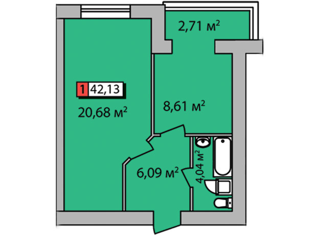 ЖК Парковий квартал: планування 1-кімнатної квартири 42.13 м²