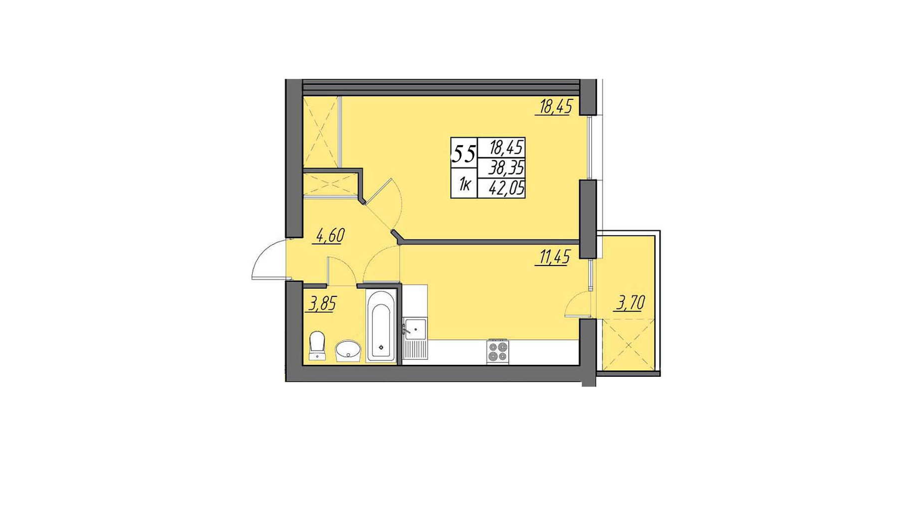 Планування 1-кімнатної квартири в ЖК Best Village Байківці 42.05 м², фото 563045