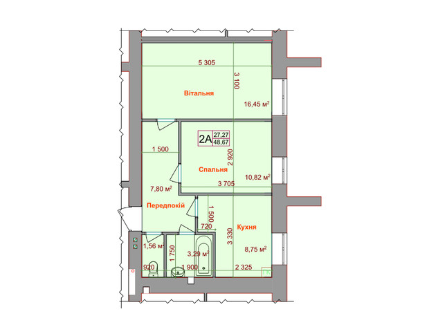 ЖК Дом на Стрелецкой: планировка 2-комнатной квартиры 48.67 м²