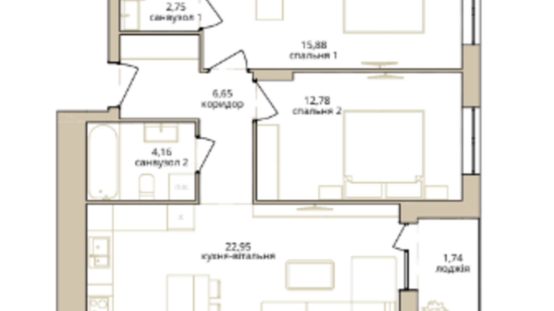 Планування 2-кімнатної квартири в ЖК Dream Lake 66.91 м², фото 563206