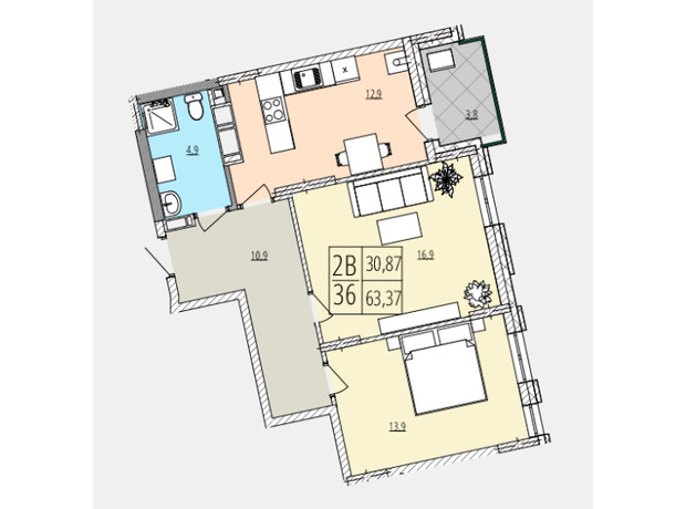 ЖК Кельце: планування 2-кімнатної квартири 63.37 м²