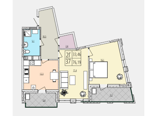 ЖК Кельце: планування 2-кімнатної квартири 76.19 м²