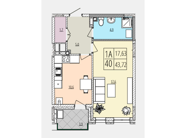 ЖК Кельце: планировка 1-комнатной квартиры 43.72 м²