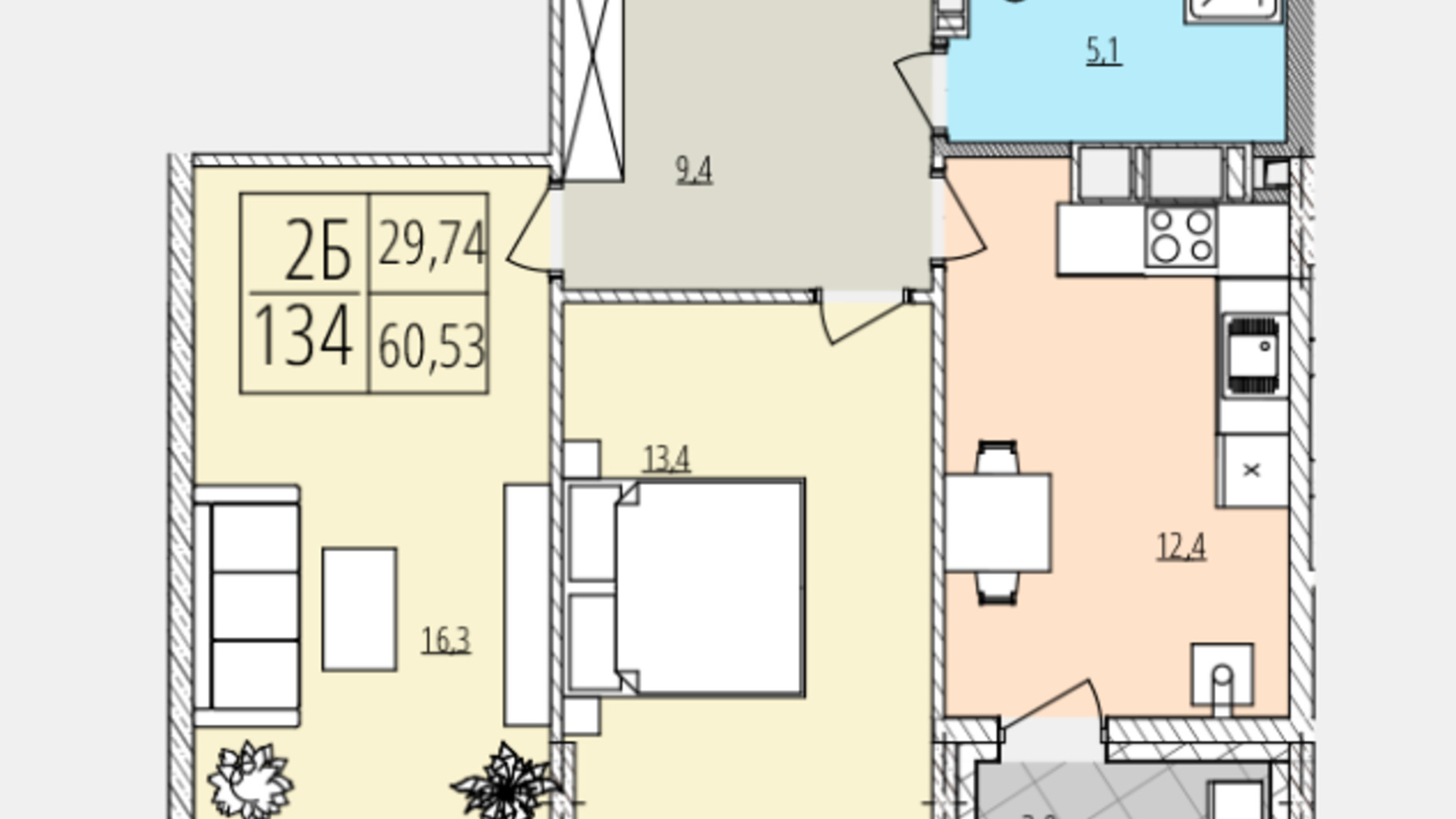 Планировка 2-комнатной квартиры в ЖК Кельце 60.53 м², фото 563256