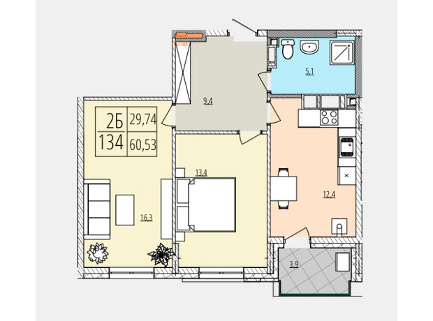 ЖК Кельце: планування 2-кімнатної квартири 60.53 м²