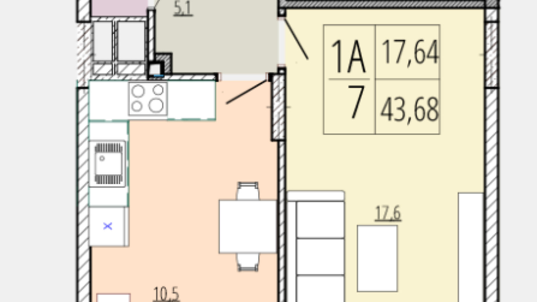 Планування 1-кімнатної квартири в ЖК Кельце 43.68 м², фото 563259