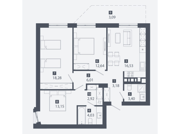 ЖК Cinematic: планування 3-кімнатної квартири 83.23 м²