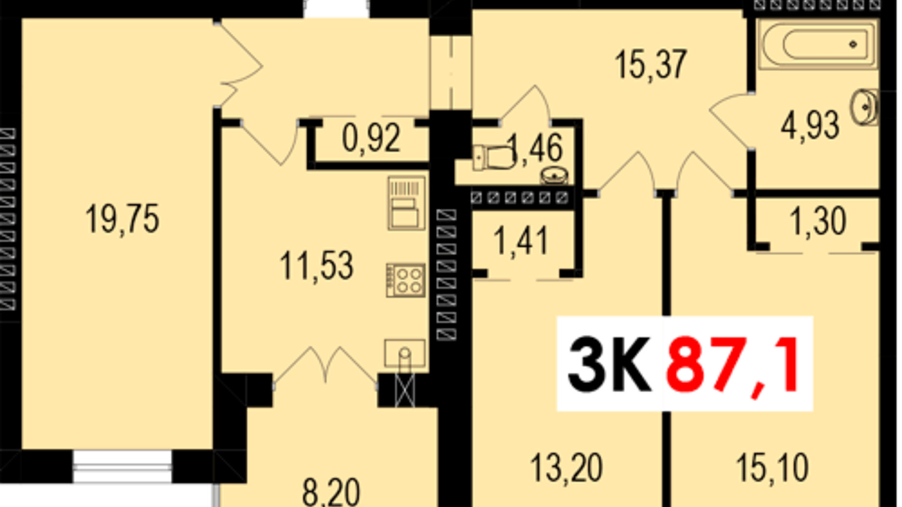 Планировка 3-комнатной квартиры в ЖК Квартал Краковский 87.1 м², фото 563269