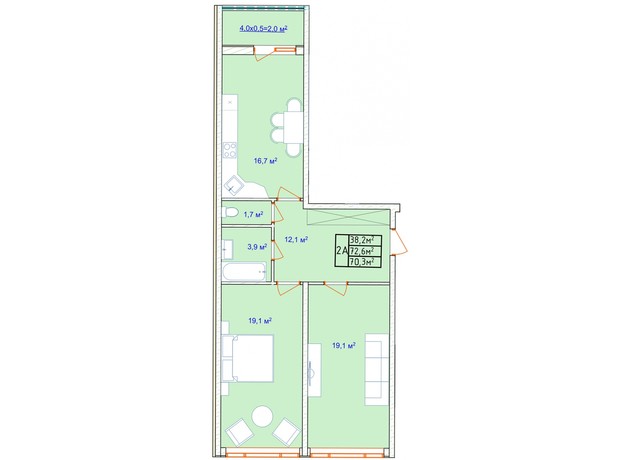 ЖК Aqua Marine: планировка 2-комнатной квартиры 72.2 м²