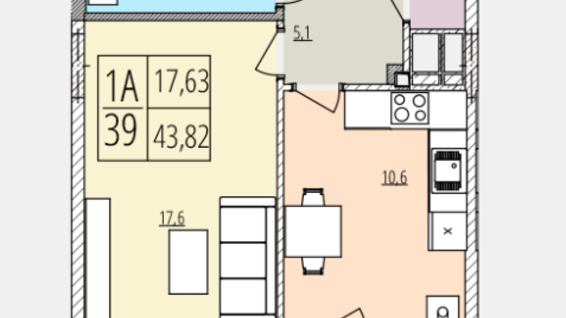 Планування 1-кімнатної квартири в ЖК Кельце 43.81 м², фото 563291