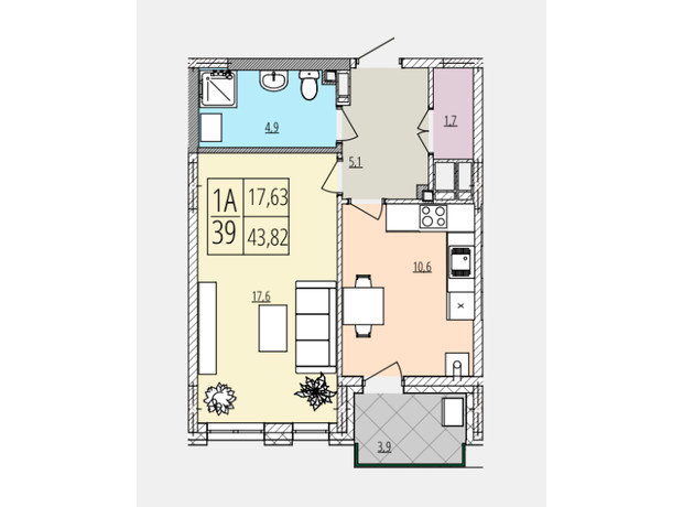 ЖК Кельце: планування 1-кімнатної квартири 43.81 м²