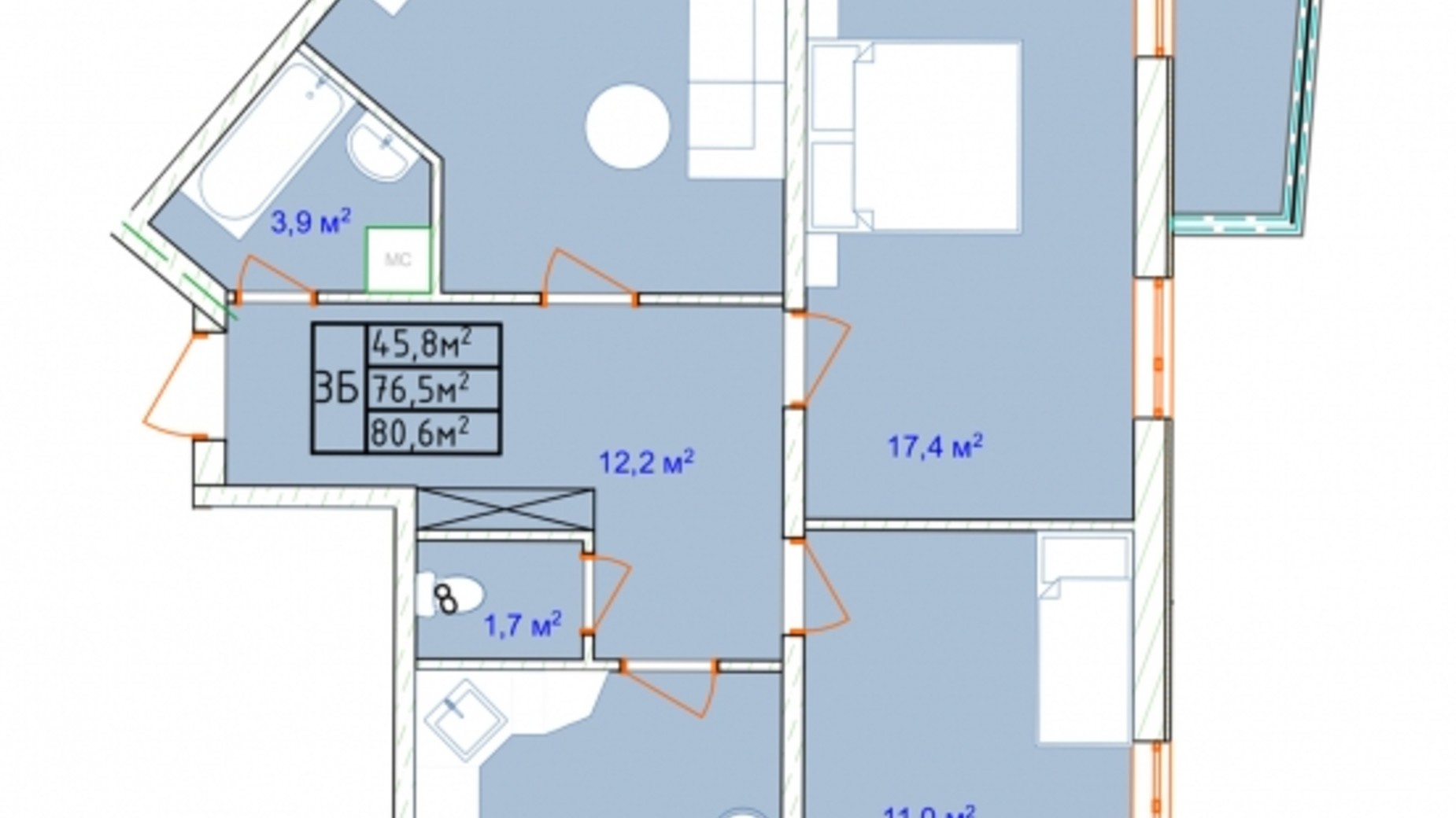 Планування 3-кімнатної квартири в ЖК Aqua Marine 79.8 м², фото 563293