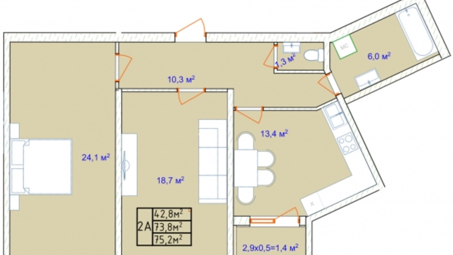 Планировка 2-комнатной квартиры в ЖК Aqua Marine 73.7 м², фото 563295