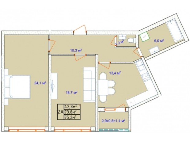 ЖК Aqua Marine: планировка 2-комнатной квартиры 73.7 м²