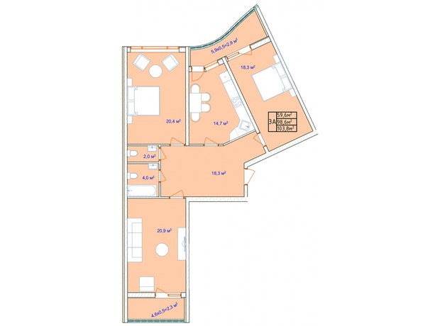 ЖК Aqua Marine: планировка 3-комнатной квартиры 105.5 м²