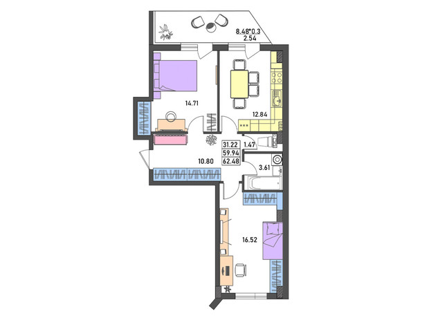 ЖК Меридіан: планування 2-кімнатної квартири 62.5 м²