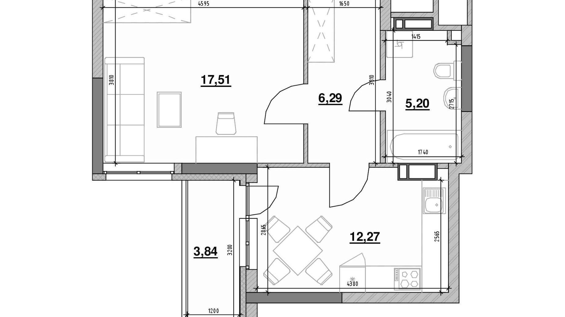 Планування 1-кімнатної квартири в ЖК Ok'Land 45.11 м², фото 563369