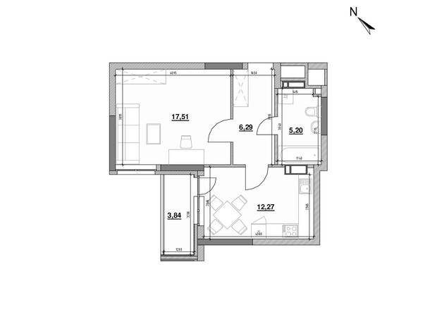 ЖК Ok'Land: планировка 1-комнатной квартиры 45.11 м²