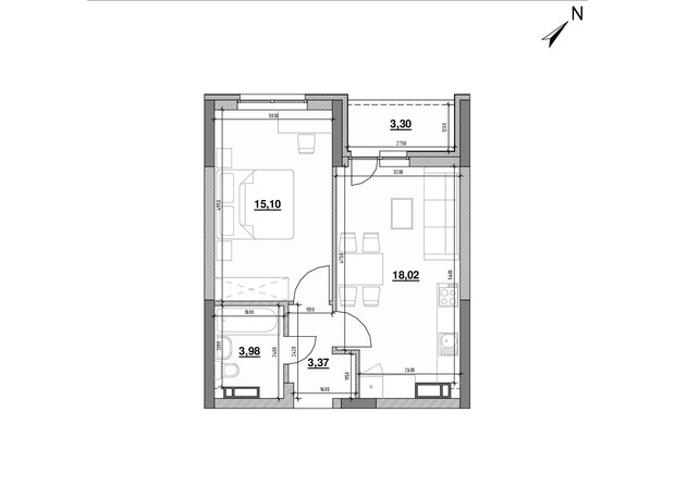 ЖК Ok'Land: планування 1-кімнатної квартири 43.77 м²