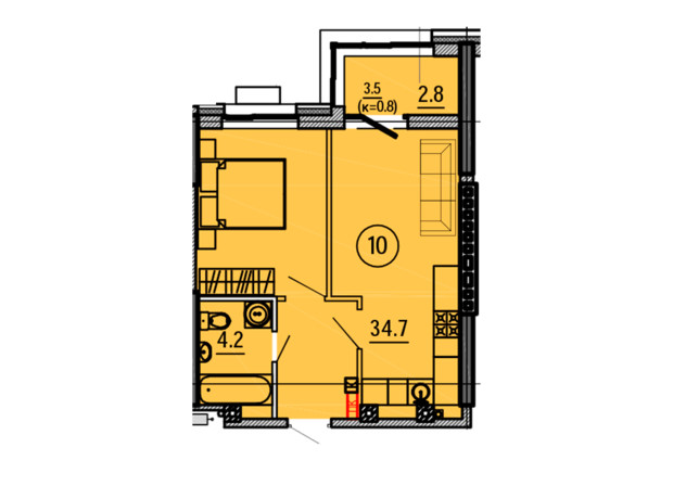 ЖК Космос: планировка 1-комнатной квартиры 41.7 м²
