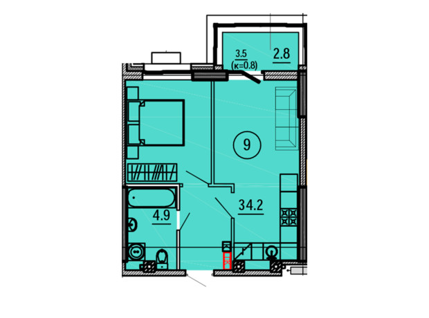 ЖК Космос: планування 1-кімнатної квартири 41.9 м²