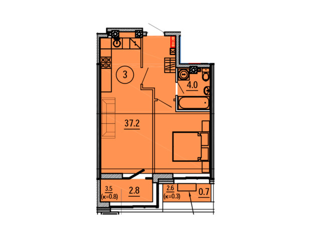 ЖК Космос: планування 1-кімнатної квартири 44.7 м²