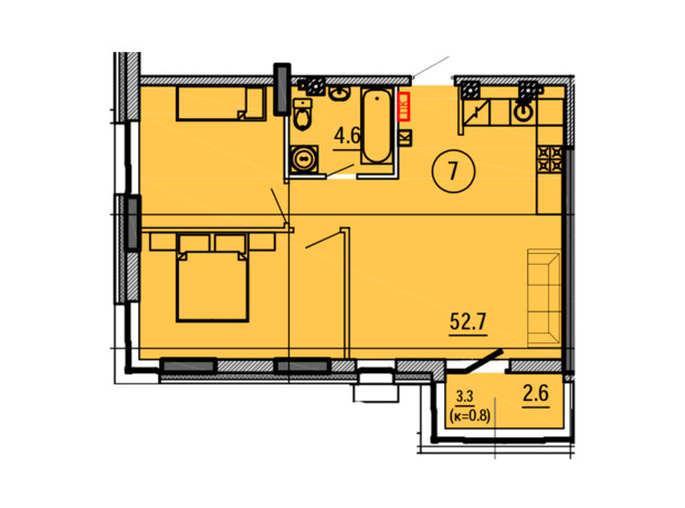 ЖК Космос: планування 2-кімнатної квартири 59.9 м²