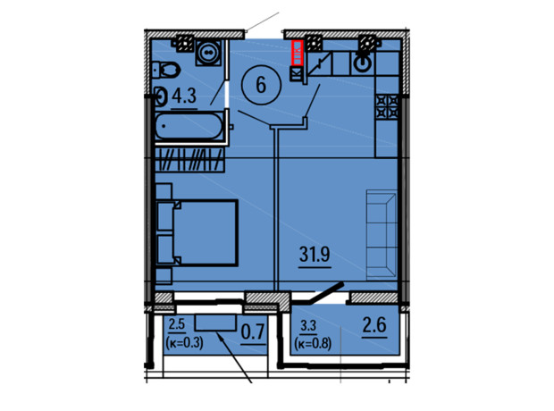 ЖК Космос: планировка 1-комнатной квартиры 39.5 м²