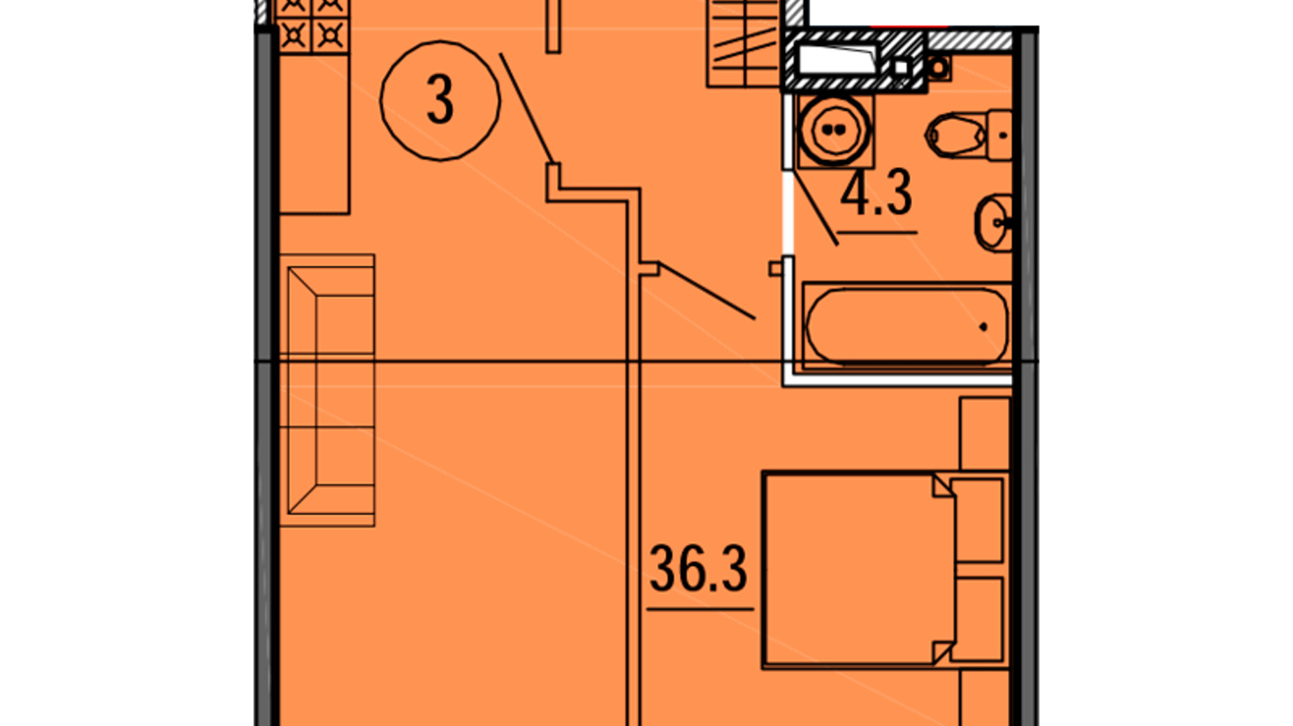 Планування 1-кімнатної квартири в ЖК Космос 43.4 м², фото 563437