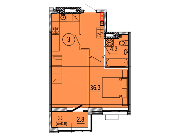 ЖК Космос: планування 1-кімнатної квартири 43.4 м²