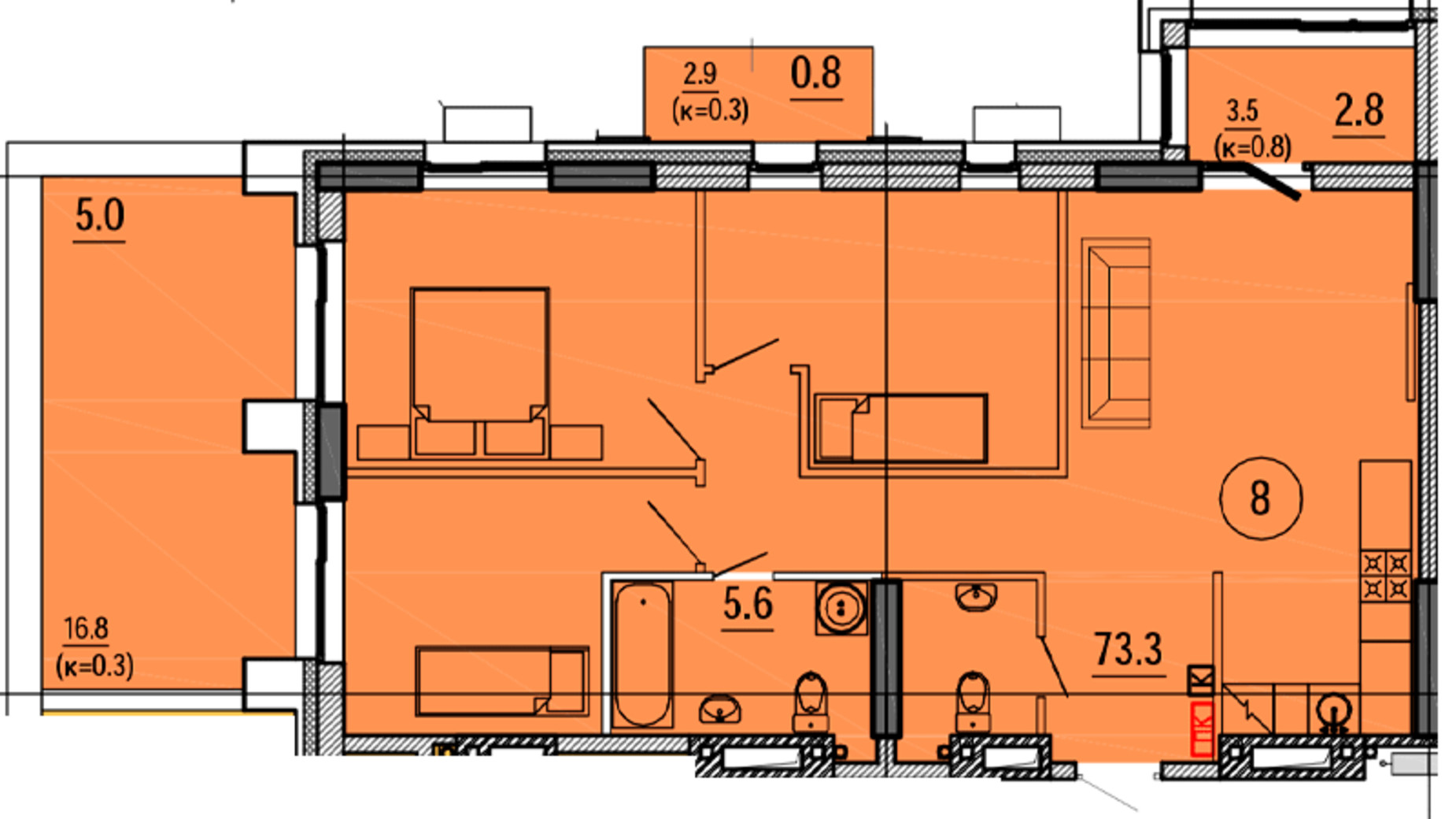 Планування 3-кімнатної квартири в ЖК Космос 87.5 м², фото 563439