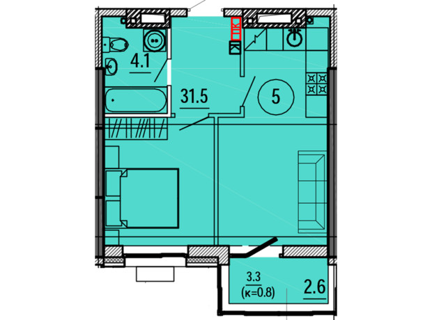 ЖК Космос: планування 1-кімнатної квартири 38.2 м²