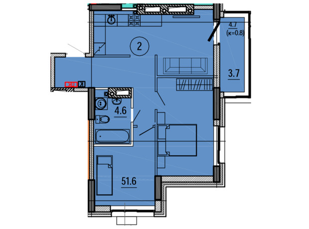 ЖК Космос: планування 2-кімнатної квартири 59.9 м²