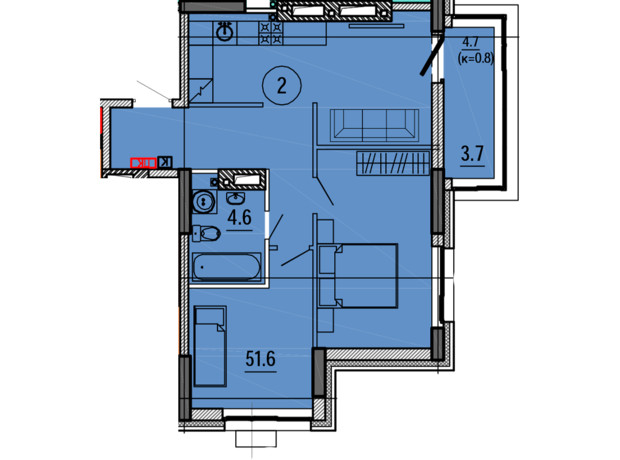 ЖК Космос: планировка 2-комнатной квартиры 59.9 м²