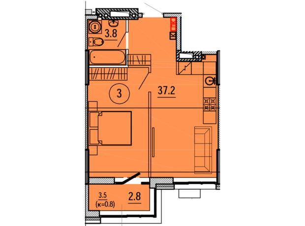 ЖК Космос: планировка 1-комнатной квартиры 43.8 м²