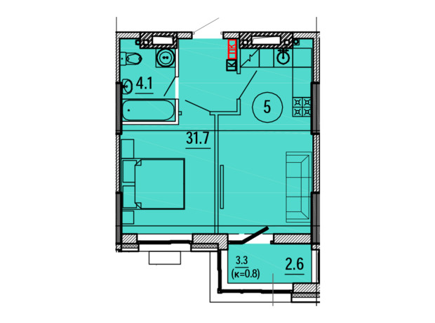 ЖК Космос: планування 1-кімнатної квартири 38.4 м²