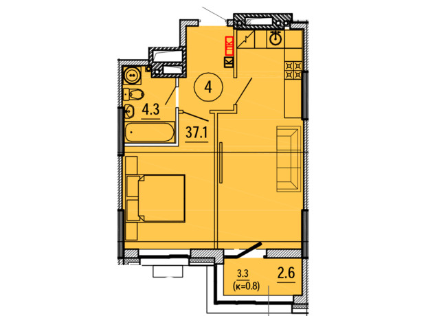 ЖК Космос: планировка 1-комнатной квартиры 43.9 м²