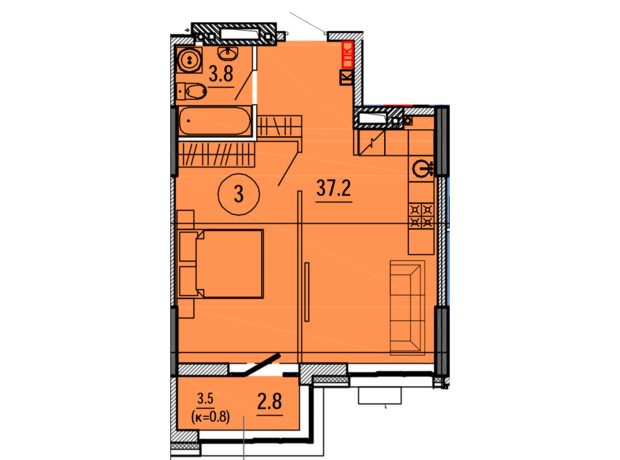 ЖК Космос: планування 1-кімнатної квартири 43.8 м²