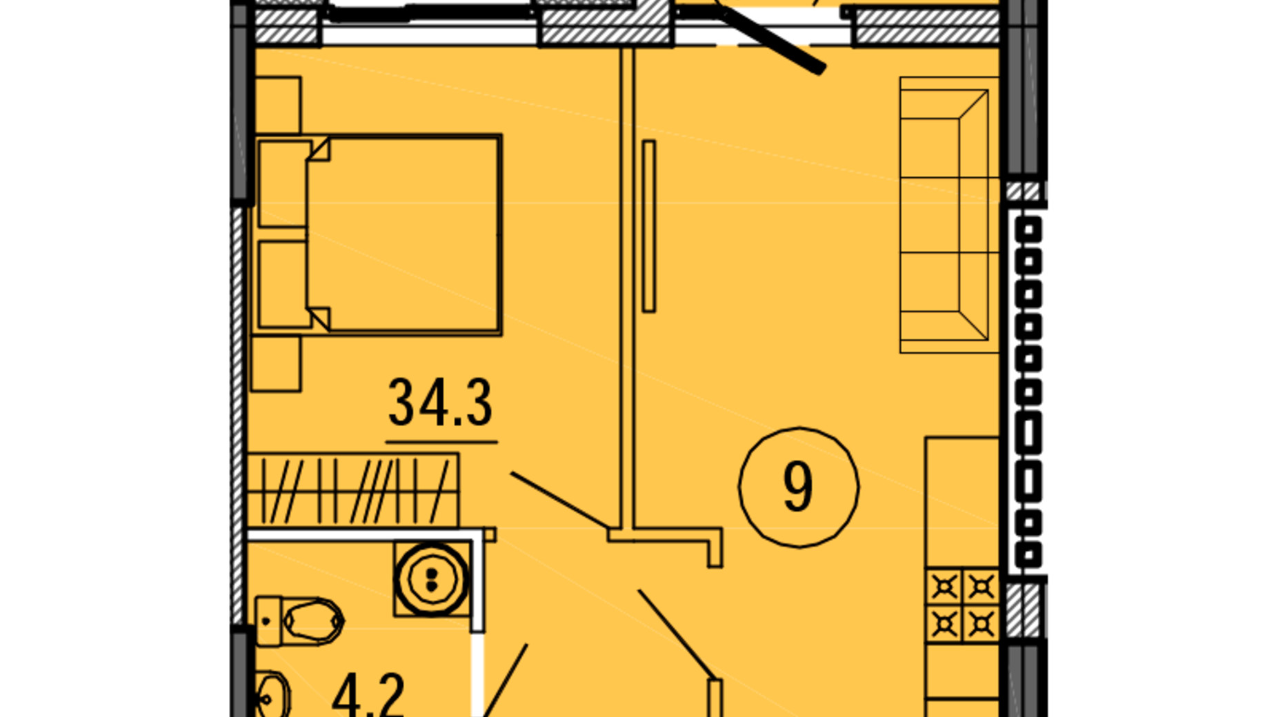 Планування 1-кімнатної квартири в ЖК Космос 41.3 м², фото 563458