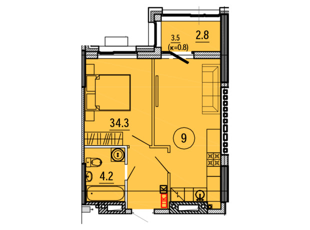 ЖК Космос: планування 1-кімнатної квартири 41.3 м²