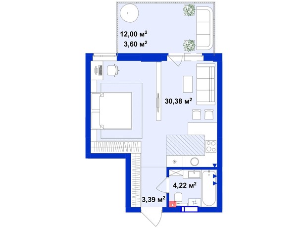 ЖК Utlandia 2: планування 1-кімнатної квартири 42.3 м²